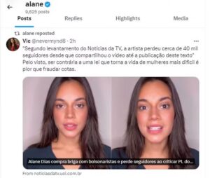 Alane compartilha vídeo se posicionando contra PL do Aborto  Reprodução/X