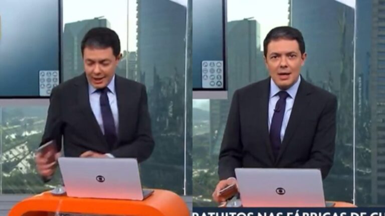 Apresentador da Globo quebra copo ao vivo no SP1; vídeo
