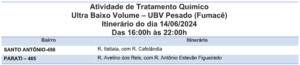 Bairros Santo Antônio e Parati estão na rota do fumacê nesta sexta-feira (14)