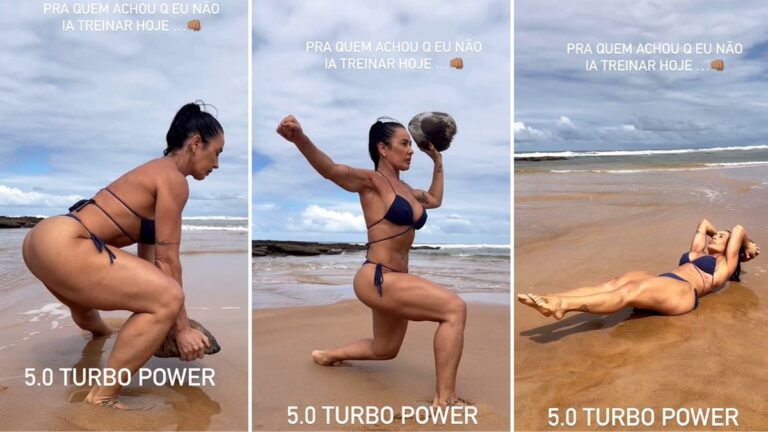 De biquíni, Scheila Carvalho exibe boa forma ao treinar na praia