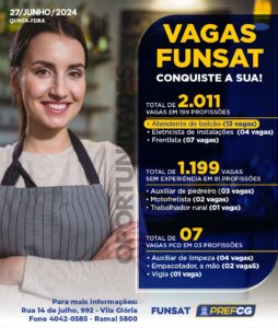 Funsat anuncia 2.011 vagas de emprego em 280 empresas nesta quinta-feira (27)