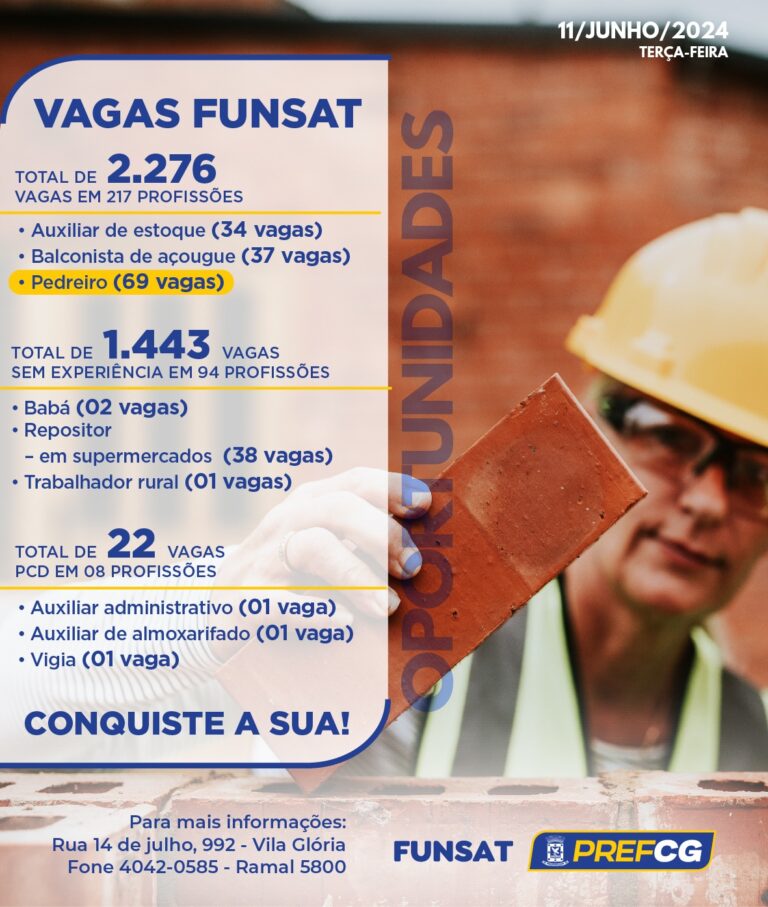 Funsat anuncia 2,2 mil vagas de emprego em 217 profissões nesta terça-feira (11) 