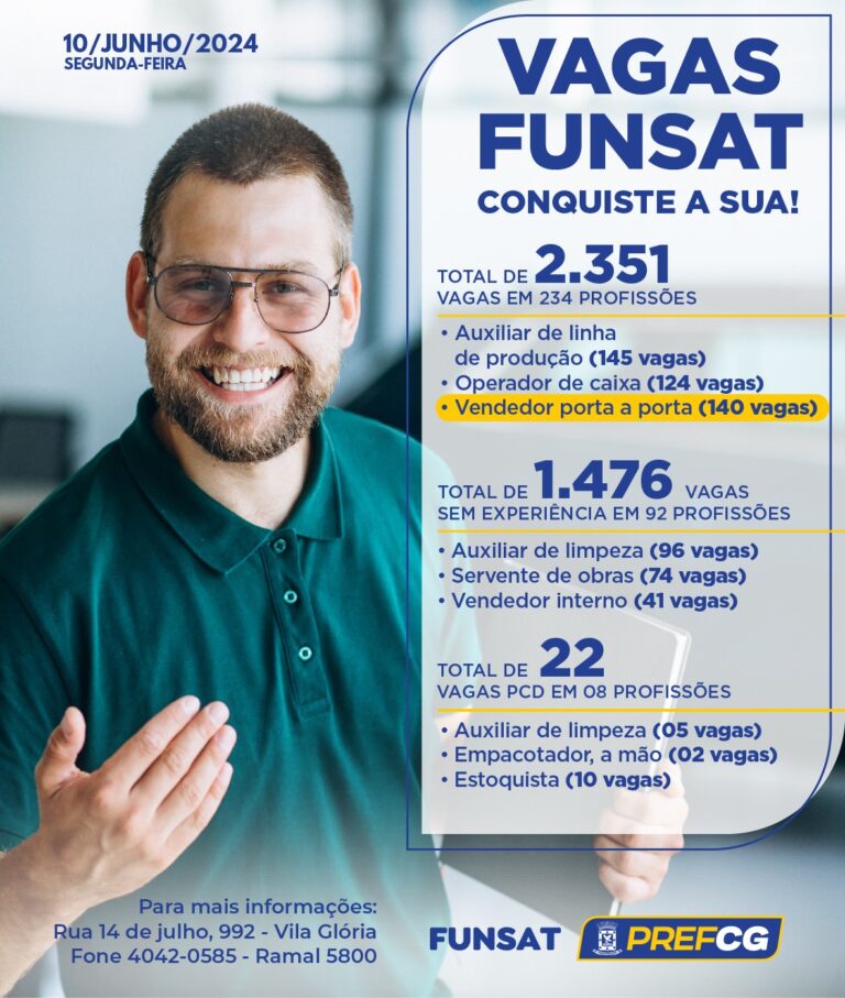 Funsat anuncia 2,3 mil vagas de emprego em 289 empresas nesta segunda-feira (10)