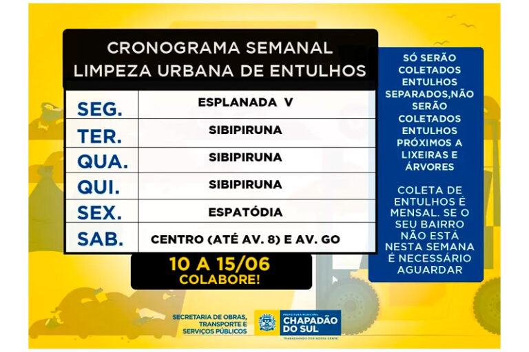 Prefeitura de Chapadão do Sul publica o Cronograma de Limpeza Urbana Semanal