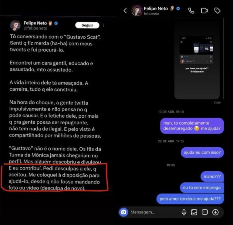 Fernando Mais relembra mensagem de Felipe Neto prometendo ajuda e revela que influenciador ignorou suas mensagens Reprodução/X