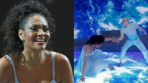 Barbara Reis escorrega, leva tombo e é eliminada do Dança dos Famosos