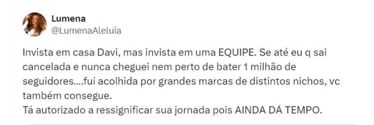 Lumena manda conselho para Davi Brito Reprodução/X