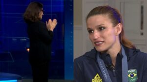 Renata Vasconcellos quebra protocolo no 'Jornal Nacional' para tietar medalhista olímpica