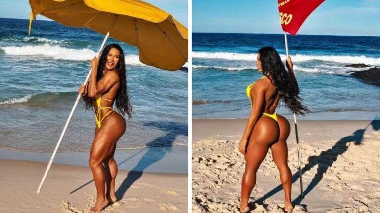 Gracyanne Barbosa coloca curvas para jogo em dia na praia