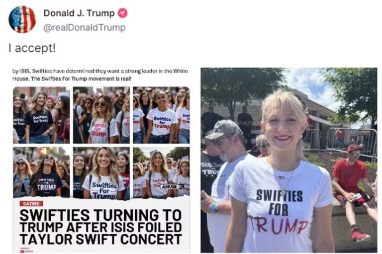 Trump compartilha imagens falsas de Taylor Swift o apoiando