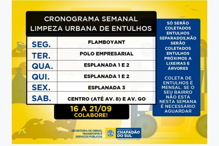 Prefeitura de Chapadão do Sul divulga cronograma de limpeza urbana- 16 a 21/09