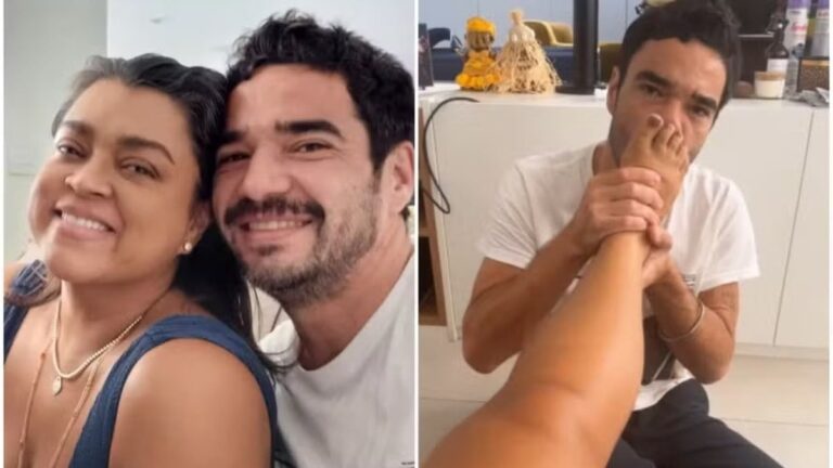 Preta Gil recebe massagem e beijo no pé de seu ex-namorado Caio Blat