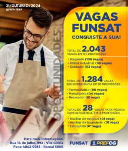 Funsat anuncia 2.043 vagas de emprego em 190 profissões diferentes nesta quinta-feira (31)