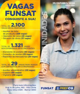 Funsat anuncia 2.100 vagas de emprego em 191 atividades profissionais nesta terça-feira (29)