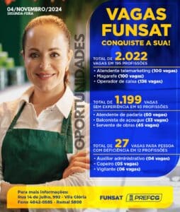 Funsat anuncia 2.022 vagas de emprego em 250 profissões diferentes nesta segunda-feira (4)