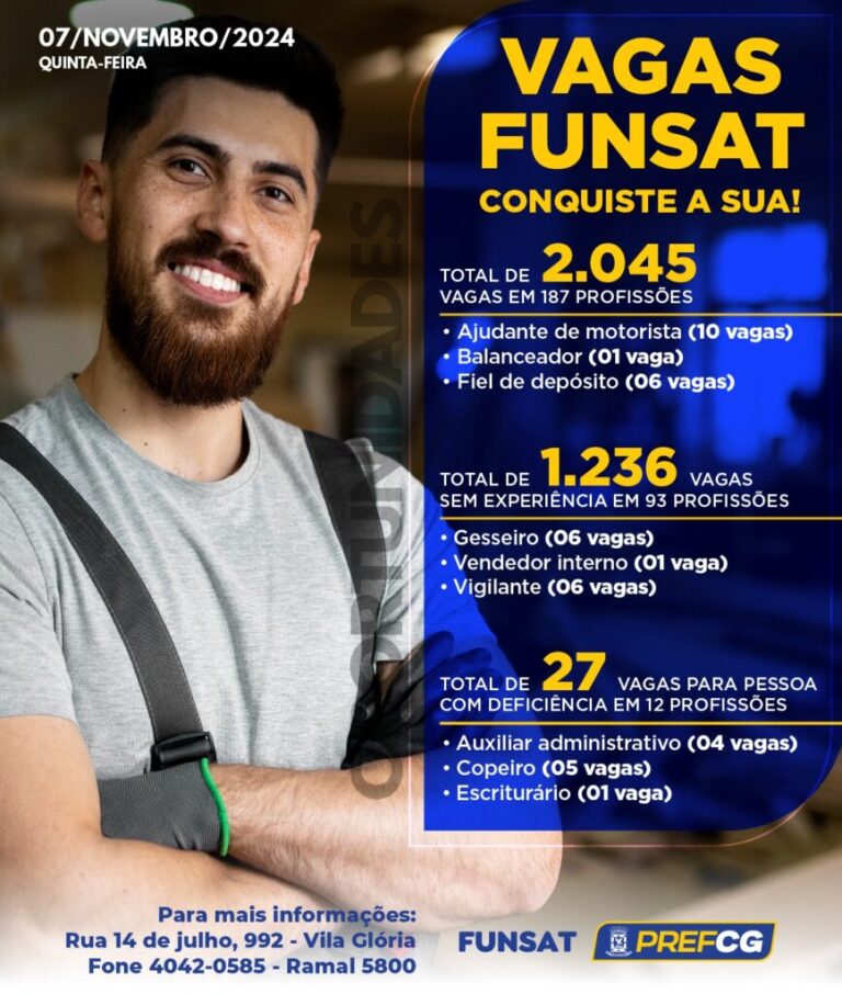 Funsat anuncia 2.045 vagas de emprego para essa quinta-feira (7)