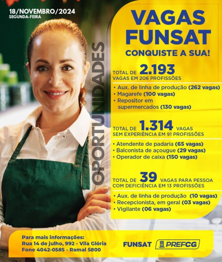 Funsat oferece 2.193 oportunidades de emprego nesta segunda-feira (18)