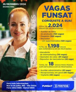 Funsat oferece 2.024 vagas de emprego nesta segunda-feira (30)