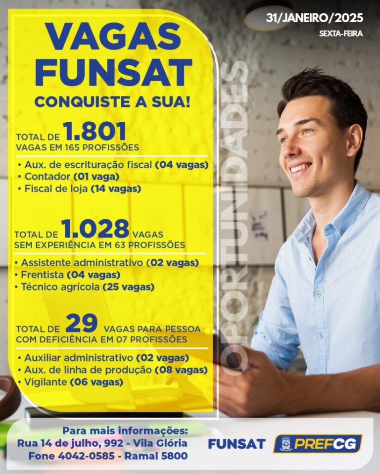 Funsat oferece 1.801 vagas nesta sexta-feira (31)