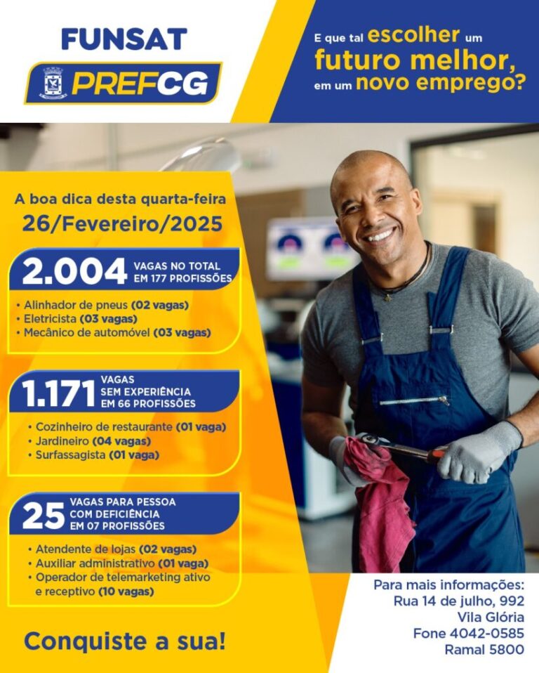 Funsat anuncia 2.004 vagas de trabalho nesta quarta-feira (26)