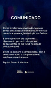 Comunicado sobre a agenda de shows da dupla. Foto: Reprodução: Instagram/@oficialbrunoemarrone