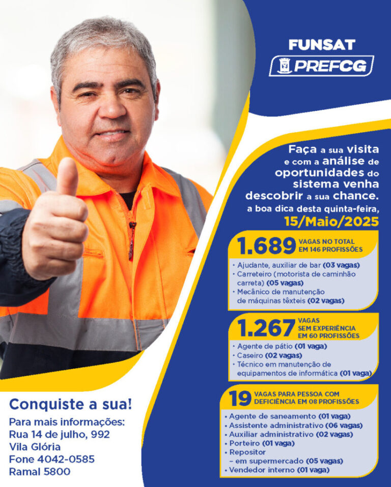Funsat oferce 1.689 vagas nesta quinta-feira (15)