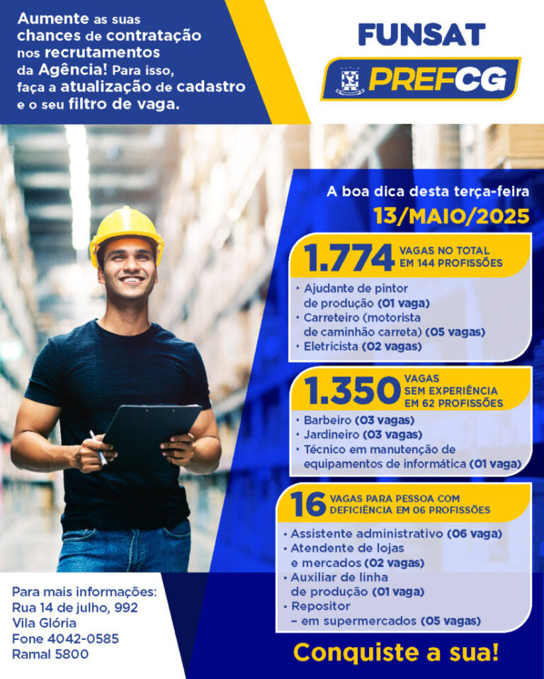 Funsat oferece 1.774 vagas nesta terça-feira (13)
