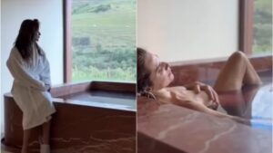 Leticia Spiller faz topless em banheira após vinoterapia
