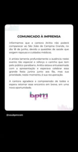 Pronunciamento da equipe de Anitta. Foto: Reprodução: Instagram/@anitta