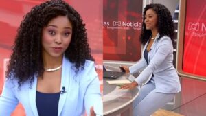 Cadeira de apresentadora cai e ela surpreende ao improvisar