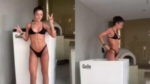 De biquíni, Jade Picon encara banho gelado após viagem
