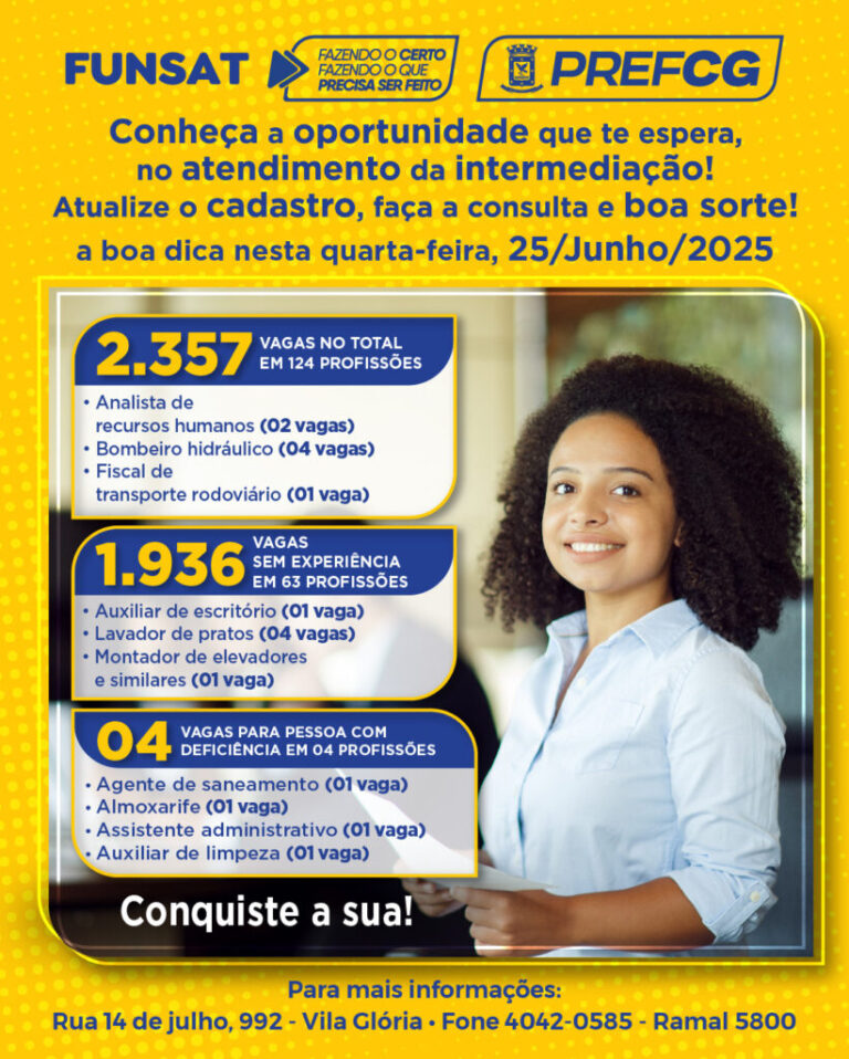 Funsat abre a Agência de Empregos com 2.357 vagas nesta quarta-feira (25)