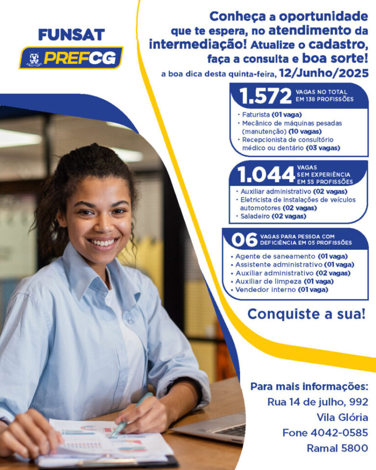 Funsat oferta 1.572 vagas de trabalho nesta quinta-feira (11)