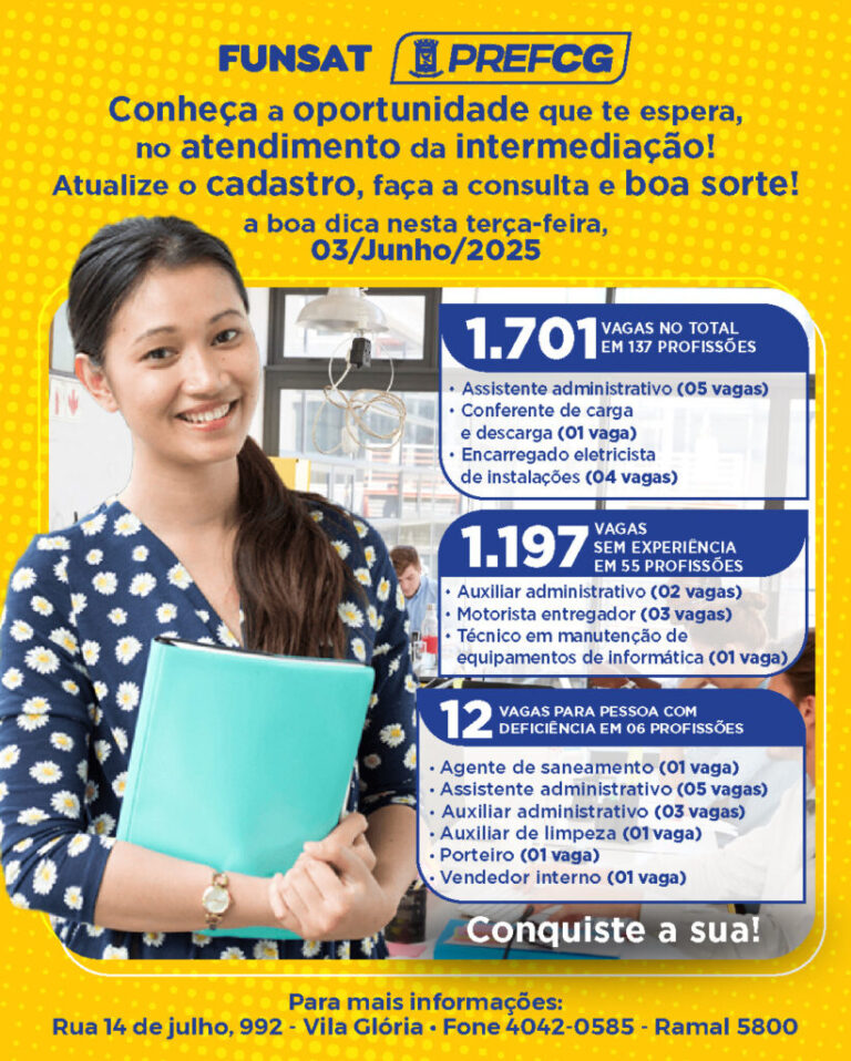 Funsat oferta nesta terça-feira 1.701 vagas de emprego; confira