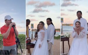 Matheus surpreende casal ao cantar em casamento na praia
