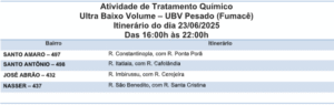 Quatro bairros estão na rota do fumacê nessa segunda-feira (23) 