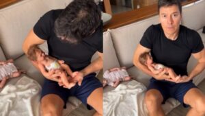 Sem emprego na TV, Rodrigo Faro cuida de bebê reborn