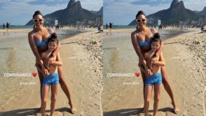 Sheron Menezzes posa de biquíni e combina traje praiano com filho
