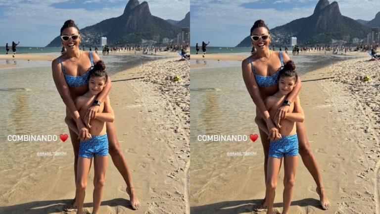 Sheron Menezzes posa de biquíni e combina traje praiano com filho