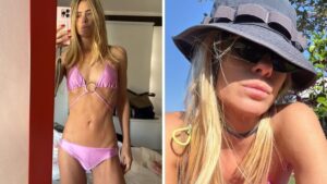Carolina Dieckmmann exibe boa forma de biquíni rosa no Rio