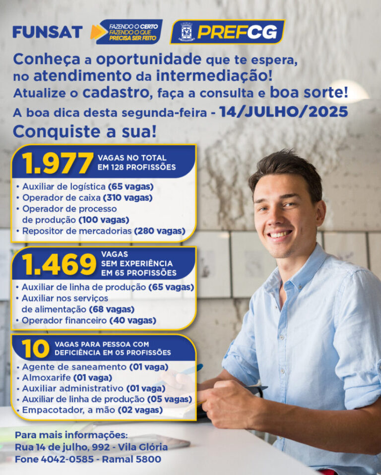 Funsat inicia a semana com 1.977 vagas de emprego em Campo Grande