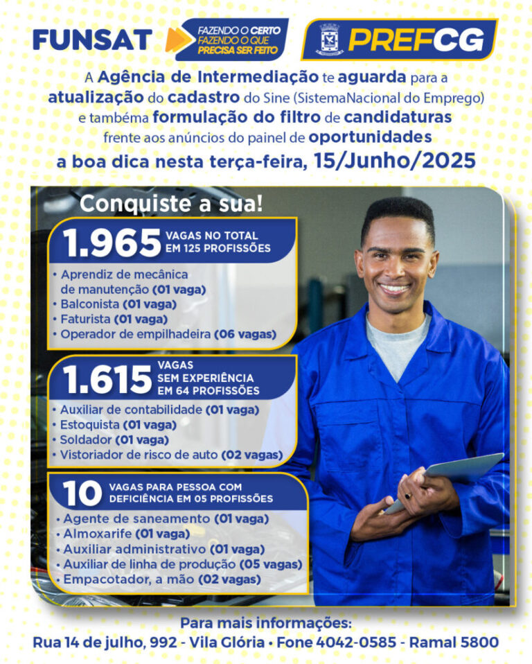 Funsat oferece 1.965 vagas nesta terça-feira (15)
