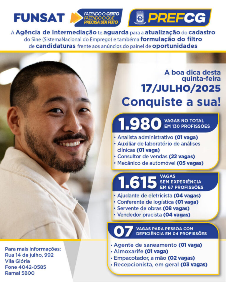 Funsat oferece 1.980 vagas nesta quinta-feira (17)