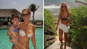 Gabriela Prioli curte praia com marido e filha nas férias