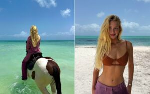 Marina Ruy Barbosa posa com cavalo em cenário paradisíaco