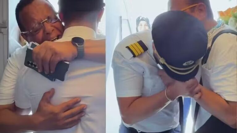 Pai emocionado descobre que filho é o piloto do voo