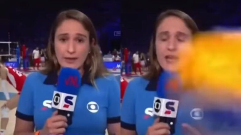 Repórter é quase atingida por bola em transmissão ao vivo