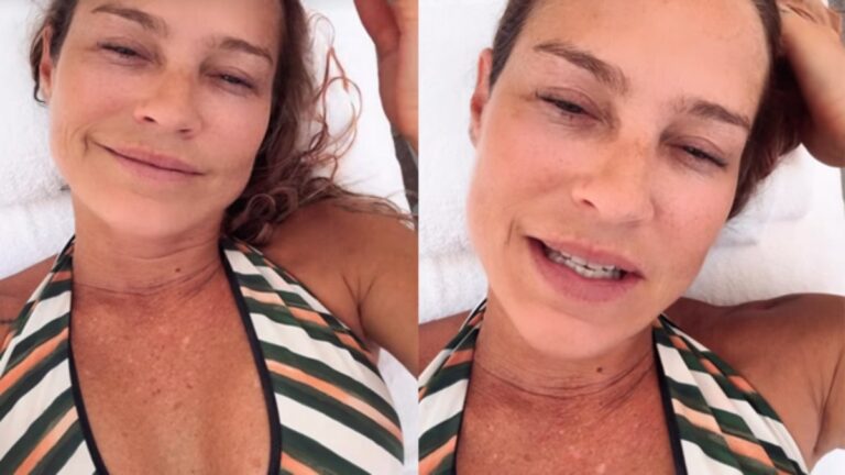 De férias, Luana Piovani se refresca em banho de piscina em Roma
