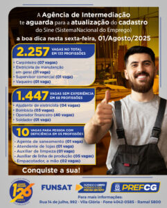 Funsat divulga 2.257 vagas de emprego em Campo Grande nesta sexta-feira (1°)