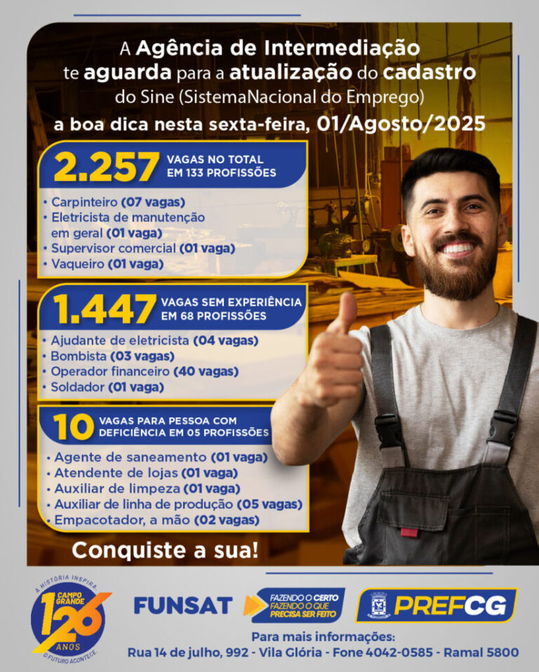 Funsat divulga 2.257 vagas de emprego em Campo Grande nesta sexta-feira (1°)